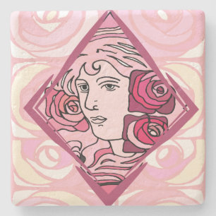 Porta-copo De Pedra Elegante Art Nouveau Rosa Mulher