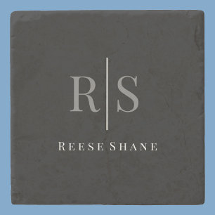 Porta-copo De Pedra Elegante, Cinza de cor azul, monograma e nome bran