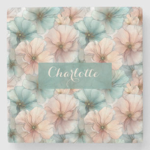 Porta-copo De Pedra Elegante Floral Personalizado Rosa e Verde Vintage