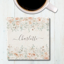 Porta-copo De Pedra Elegante Monograma Rosa Floral Verde Russo