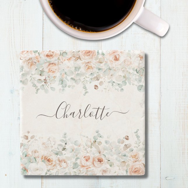 Porta-copo De Pedra Elegante Monograma Rosa Floral Verde Russo (In situ)