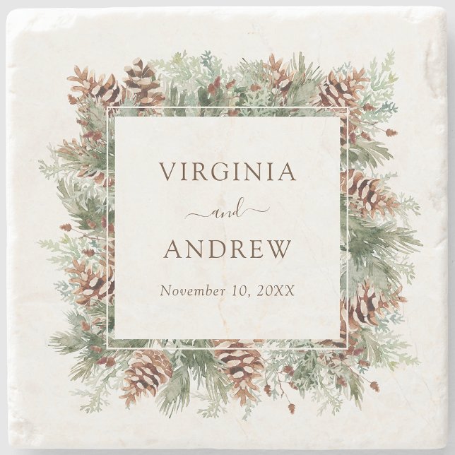 Porta-copo De Pedra Elegante Pine Wedding (Elegant Pine Greenery Wedding Stone Coaster by Painted Paperie
)