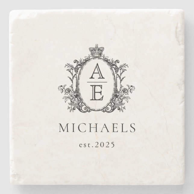 Porta-copo De Pedra Elegante, Real Crest Monograma Preto e Branco (Frente)