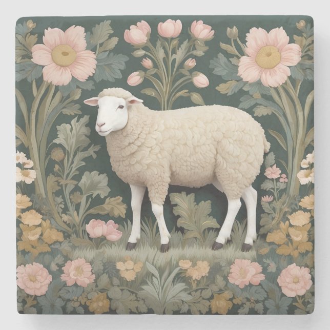 Porta-copo De Pedra Elegante White Sheep William Morris Inspirado (Frente)