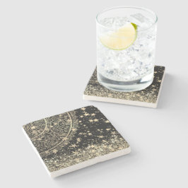 Porta-copo De Pedra Encantando Mandala com Douradas Estrelas em Preto