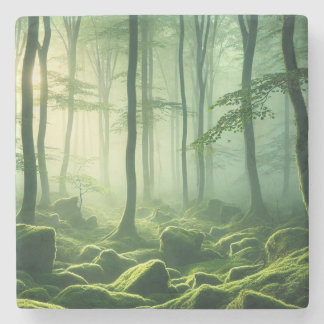 Porta-copo De Pedra Enchanted Misty Forest Serene Green Woodland Scene