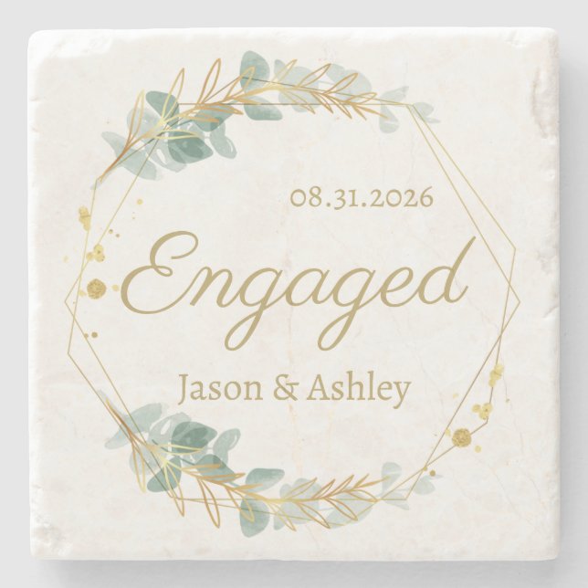 Porta-copo De Pedra Engagement Announcement Engaged Gift Date & Names (Frente)