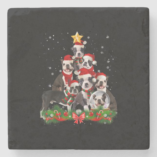 Porta-copo De Pedra Engraçado Boston Terrier Dog Árvore de Natal Prese (Frente)
