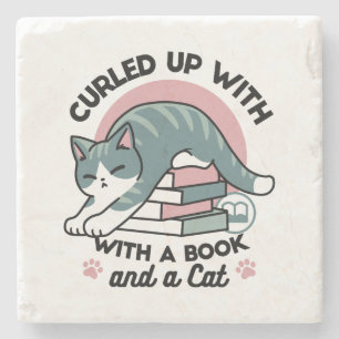 Porta-copo De Pedra Enrolados com um Livro e um Gato - Leitura de Gato