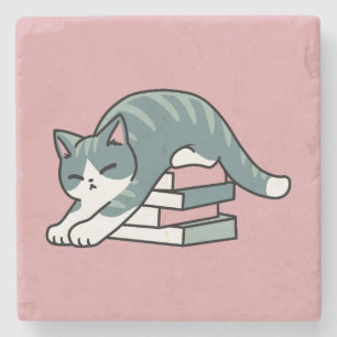 Porta-copo De Pedra Enrolados com um Livro e um Gato - Leitura de Gato