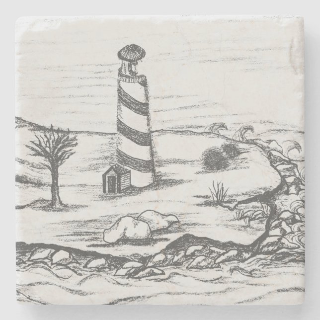 Porta-copo De Pedra Esboço a Lápis do Farol na ilha no Mar  (Frente)
