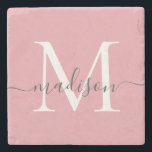 Porta-copo De Pedra Escrita Feminina de Monograma de Cinzas Rosa Escam<br><div class="desc">Elegante Cinza Rosa Monograma Cor-de-Rosa Nome do Script Feminino Porta copos de Pedra</div>