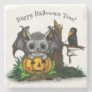 Porta-copo De Pedra Esperando o Halloween, Cute Bat e Raven