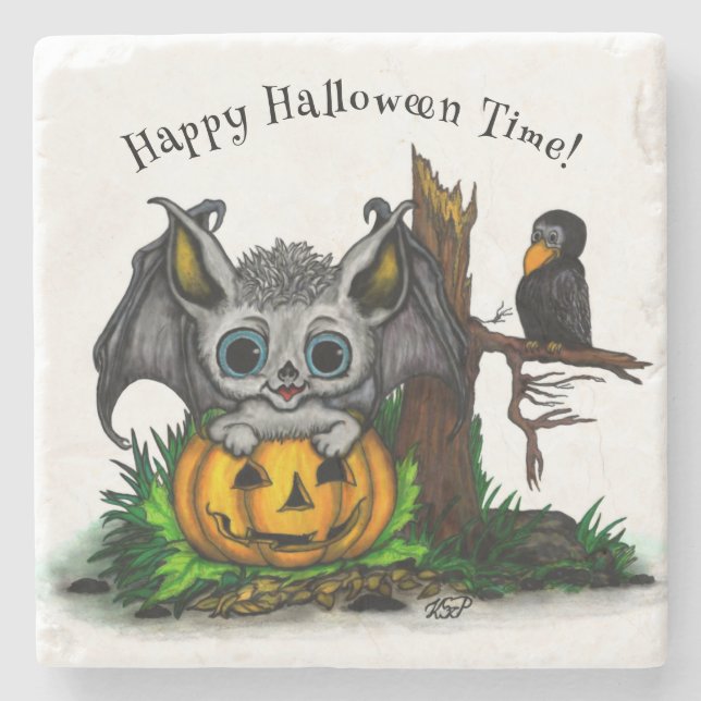 Porta-copo De Pedra Esperando o Halloween, Cute Bat e Raven (Frente)