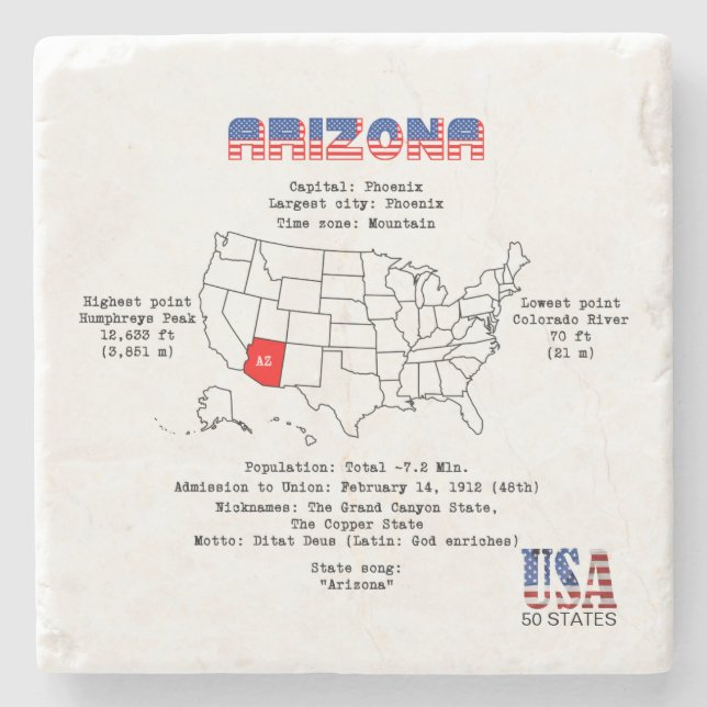 Porta-copo De Pedra Estado americano arizona em um mapa e informações  (Frente)