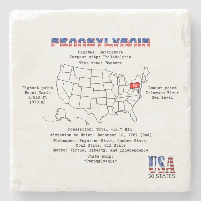 Porta-copo De Pedra Estado Americano da Pensilvânia em um mapa e detal (Frente)