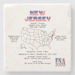 Porta-copo De Pedra Estado americano de Nova Jersey em um mapa e infor