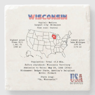 Porta-copo De Pedra Estado Americano de Wisconsin em um mapa e informa