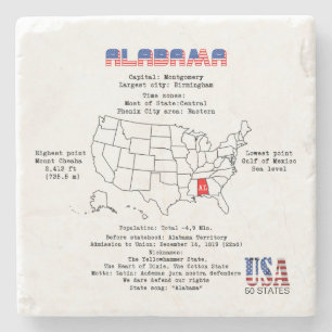 Porta-copo De Pedra Estado Americano do Alabama em um mapa e informaç