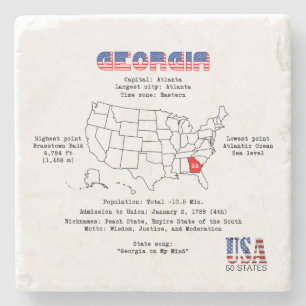 Porta-copo De Pedra Estado da Geórgia americano em um mapa e informaçõ