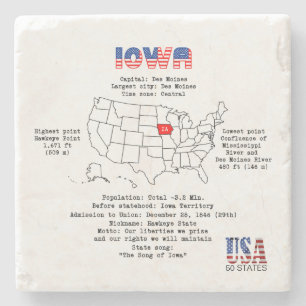 Porta-copo De Pedra Estado de Iowa americano em um mapa e informações