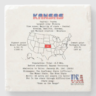 Porta-copo De Pedra Estado do Kansas americano em um mapa e informaçõe
