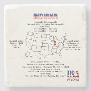 Porta-copo De Pedra Estado Indiana Americano em um mapa e informações 