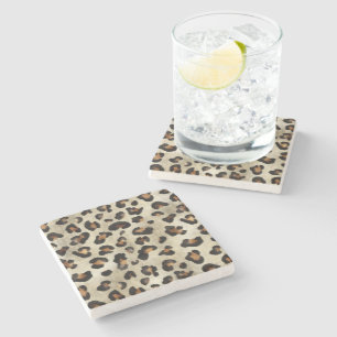 Porta-copo De Pedra Estampa de Animal Leopardo Guepardo Bege Marrom