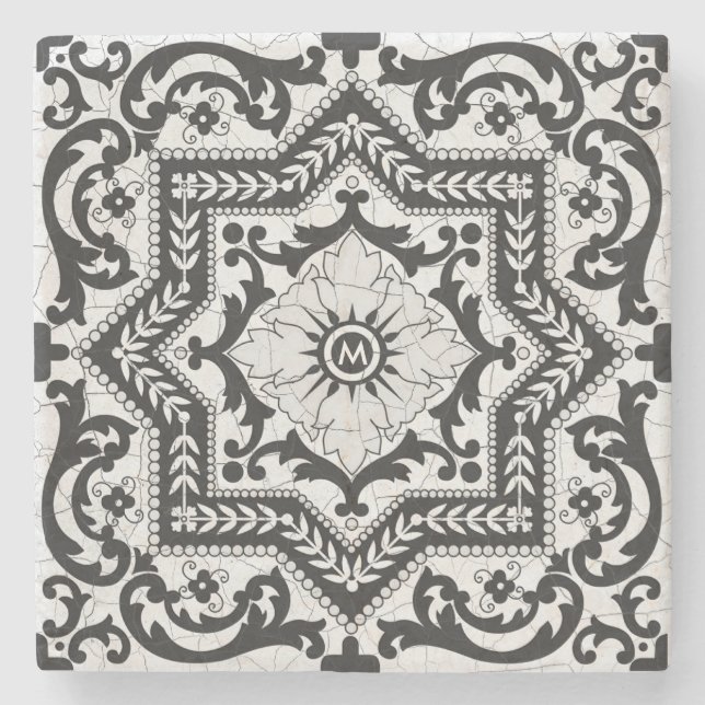 Porta-copo De Pedra Estilo de Cerâmica Crachado Branco e Preto Azulejo (Frente)