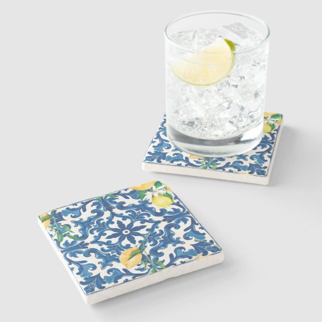 Porta-copo De Pedra estilo italiano,Mediterrâneo,mosaico,azul, (Lateral)