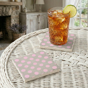 Porta-copo De Pedra Estilo Vintage Rosa Bolinhas em Burlap