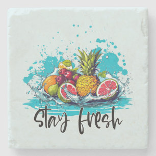 Porta-copo De Pedra Estrada Fresca - Verão - Frutas tropicais de aquar