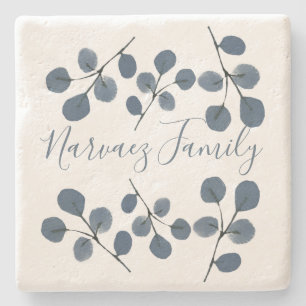 Porta-copo De Pedra Eucalipto, Cor Da Água, Pintado De Mão Botânica