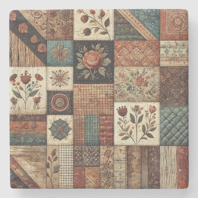 Porta-copo De Pedra Farmhouse Russo Terracotta Patchwork Quilt Floral (Frente)