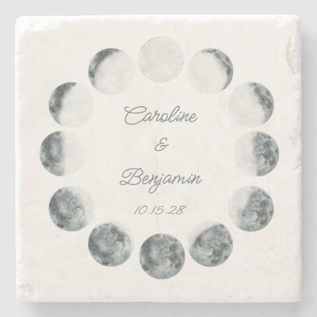 Porta-copo De Pedra Fase Lunar Personalizada Data de Casamento Branco  (Frente)