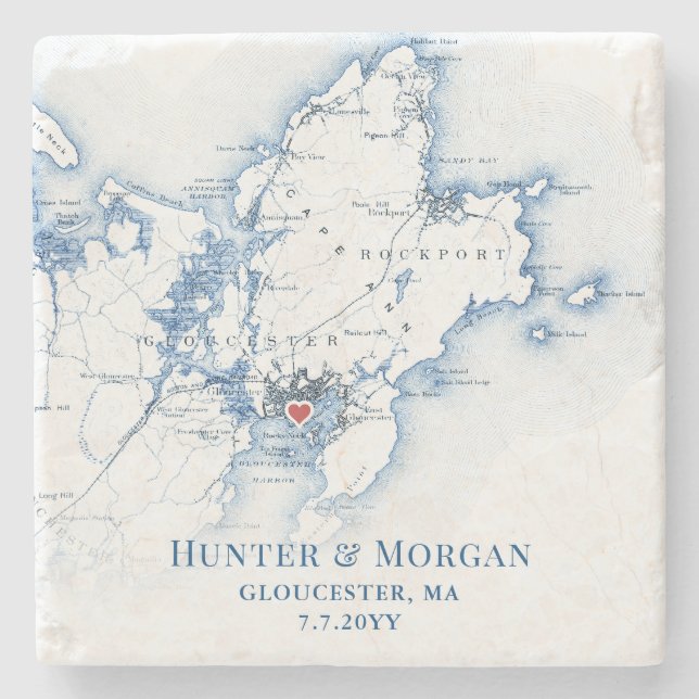Porta-copo De Pedra Favor de casamento em Gloucester MA Mapa da Cape A (Frente)
