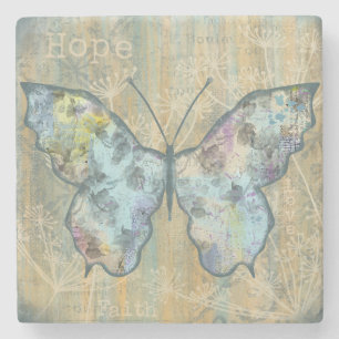 Porta-copo De Pedra " Fé, Esperança & Amor" Borboleta