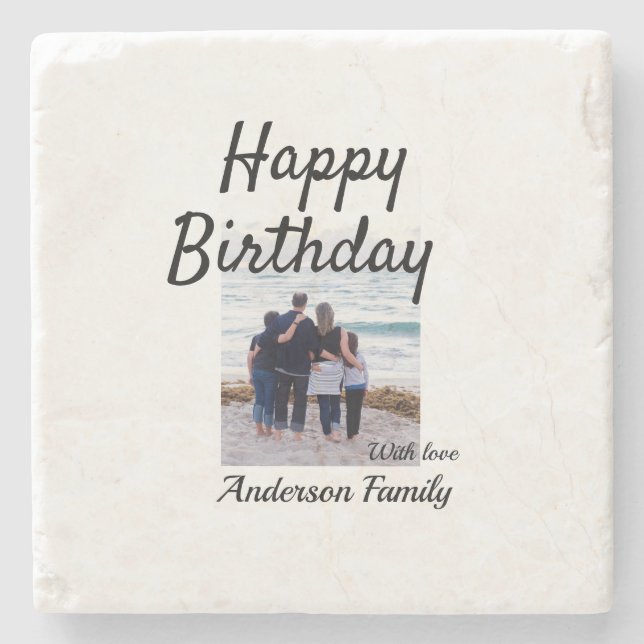Porta-copo De Pedra Feliz aniversário foto familia nome elegante class (Frente)