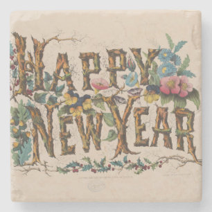 Porta-copo De Pedra Feliz Ano Novo, Impressão Vintage Currier & Ives