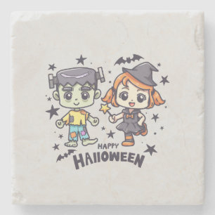 Porta-copo De Pedra Feliz Halloween - Bruxa Bonita e Zombie