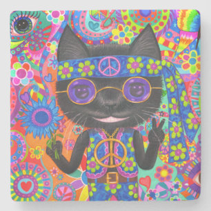 Porta-copo De Pedra Feliz Hippie Cat Óculos escuros Sinal de paz Flor