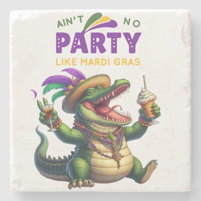 Porta-copo De Pedra Feliz Mardi Gras Alligator (Frente)