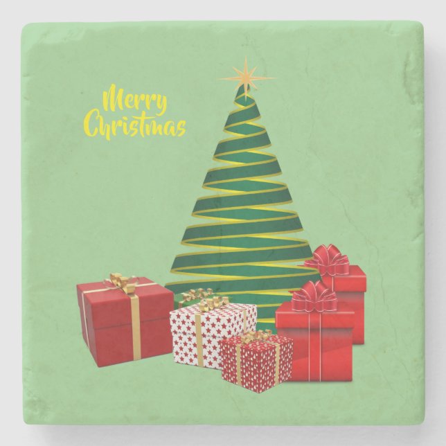 Porta-copo De Pedra Feliz Natal ~ Árvore com presentes (Frente)