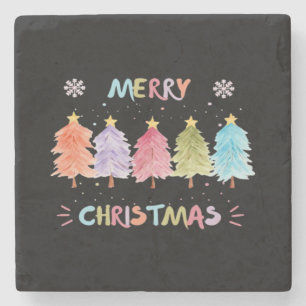 Porta-copo De Pedra Feliz Natal Árvores Coloridas Essencial