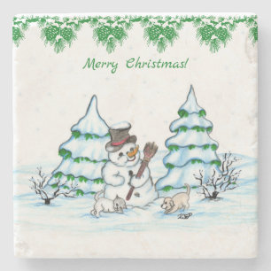 Porta-copo De Pedra Feliz Natal! Snowman com Cat e Puppy