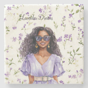 Porta-copo De Pedra Feminino Cabelo Preto Vestido Lavanda Sonhos Flora