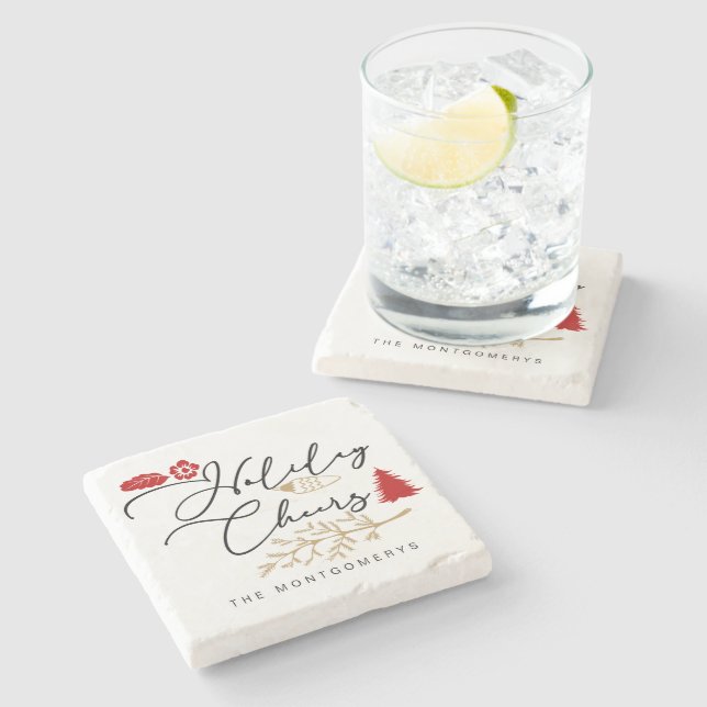 Porta-copo De Pedra Festa Festiva Feliz Natal Red Holly (Lateral)