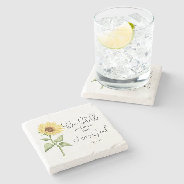 Porta-copo De Pedra Fique quieto e saiba que sou Deus Girassol (Lateral)