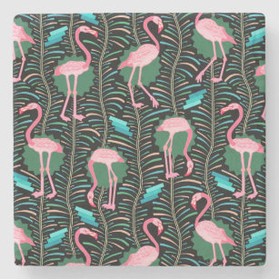 Porta-copo De Pedra Flamingo Birds 20s Deco Ferns Padrão Preto Verde
