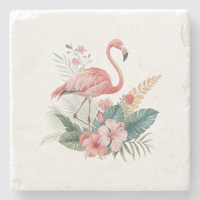 Porta-copo De Pedra Flamingo Com Flores (Frente)